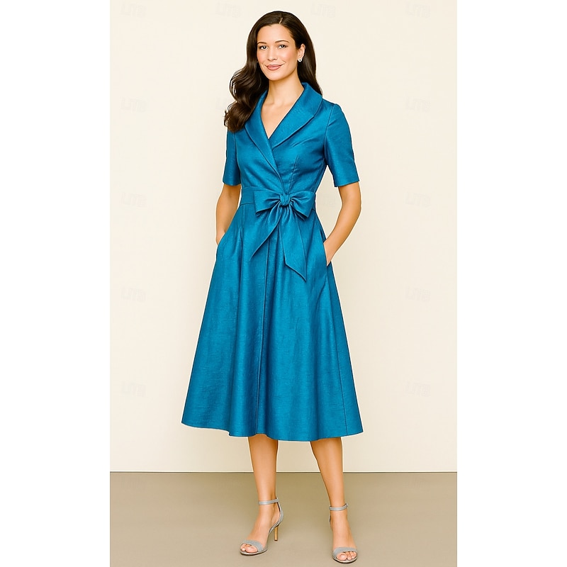 Tuxedo Dress A-Line Formal Wedding Wedding Guest Satin Elegant Vintage Short Sleeve Tea Length Shawl Lapel