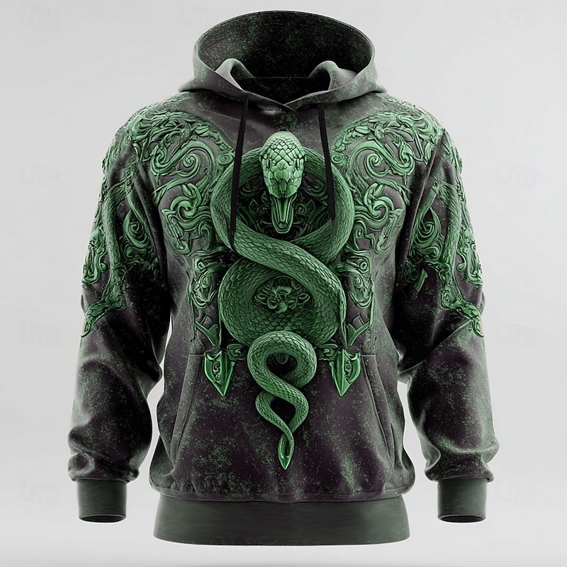 Men's 3D Snake Hoodie Sweatshirt Cool Party Crew Neck Club Streetwear Blue Green Drawstring Fall Winter Designer3