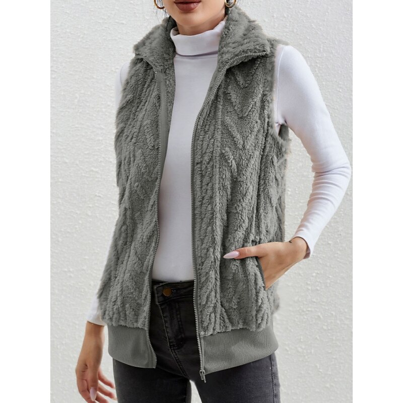 Women's Winter Coat Fleece Vest Sherpa Jacket Comfortable Breathable Zipper Casual Plain Vacation Street Casual Daily Wear Zipper Regular Turndown Regular Fit Sleeveless Outerwear Black Pink Red2