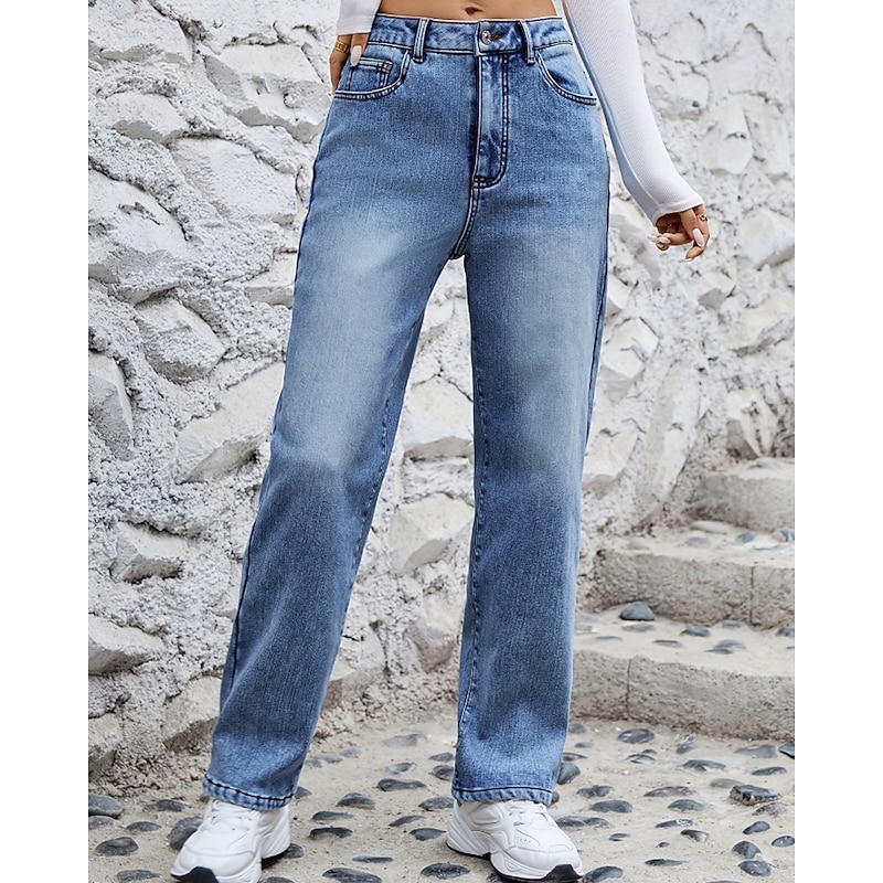 Women's Straight Basic Casual Full Length Mid Waist Plain Pocket Thermal Warm Micro-elastic Outdoor Vacation Street Blue Winter Regular Fit2