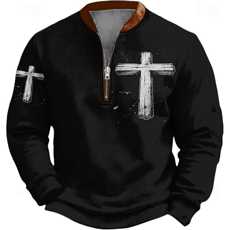Men's Quarter Zip Sweatshirt Black Khaki Half Zip Cross Rose Front Pocket Quarter Zip Daily Holiday Going out Polyester Vintage Streetwear Retro Fall Winter Clothing Apparel Hoodies Sweatshirts2
