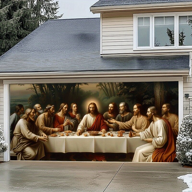 Christmas Outdoor Garage Door Cover Christmas Snow Village Reindeer Santa Claus Nativity Scene Christmas Tree Large Tapestry Backdrop Decoration For Holiday Outdoor Garage Door Home Wall Decorations3