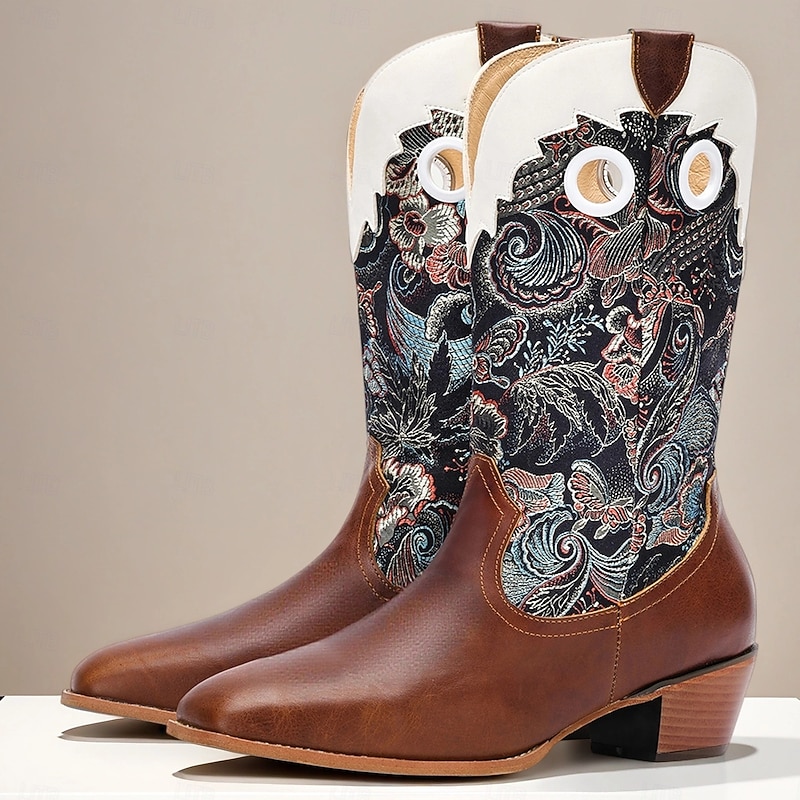 Men's Western Cowboy Boots with Embroidered Floral Pattern – Retro Riding Style Pull-On Mid-Calf Shoes for Ranch, Festival and Party Wear