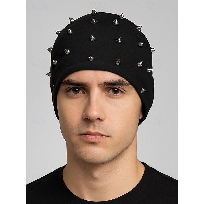 Unisex Halloween Spiked Beanie Hat – Punk Style Soft Cotton Skull Cap with Metal Studs for Men and Women Party, Cosplay and Streetwear