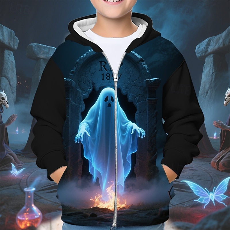Halloween Boys' 3D Ghost Hoodie Coat Outerwear Long Sleeve Spring Fall Adorable Sport Kids 4-12 Years Zip Street Daily Regular Fit