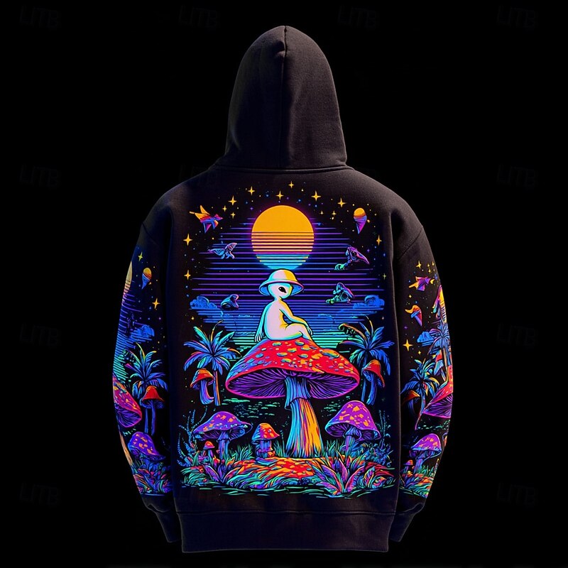 Men's Optical Illusion Mushroom Hoodie Sweatshirt Fashion Cool Crew Neck Home Party Streetwear Black Blue Drawstring Fall Winter Designer