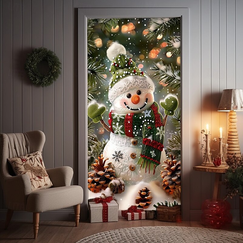 Christmas Door Cover, Adorable Snowman in Winter Wonderland Holiday Door Curtain Backdrop for 2025 Xmas Party Indoor Outdoor Decorations4