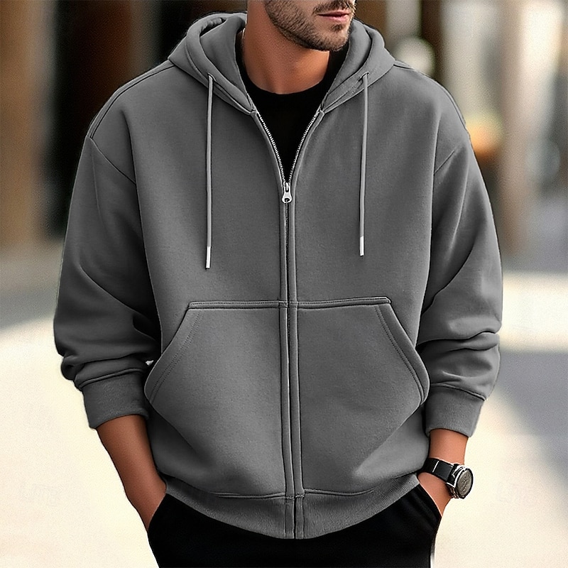 Men's Hoodie Full Zip Hoodie Apricot Gray 2# Black White Wine Hooded Plain Zip Up Pocket Sports & Outdoor Daily Holiday Polyester Streetwear Basic Casual Spring Fall Clothing Apparel Hoodies4