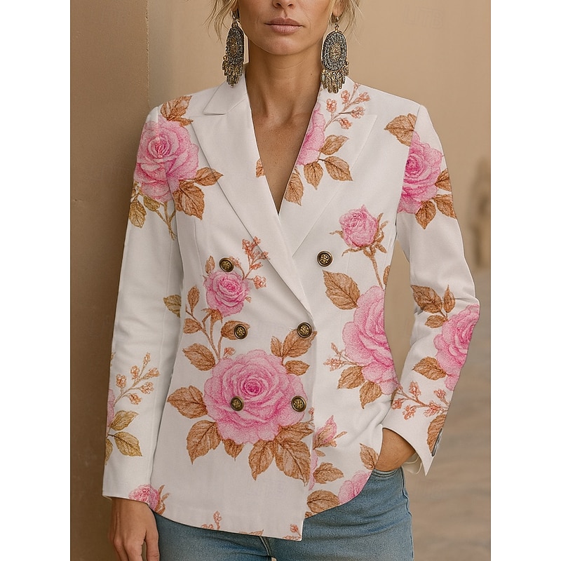 Women's Blazer Windproof Comfortable Buttons Elegant Vintage Fashion Cute Floral Casual Regular Notch Lapel Regular Fit Long Sleeve Outerwear White Pink Purple Spring Fall2