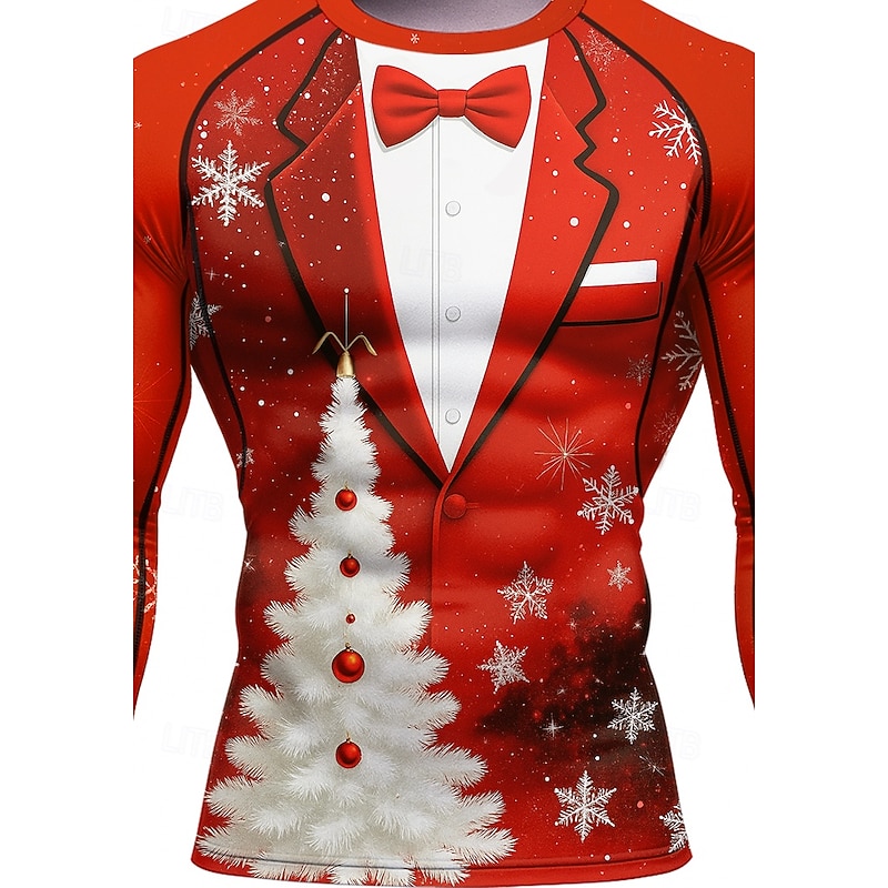Christmas Men's Compression Shirt Running Shirt Long Sleeve Base Layer Quick Dry Compression Power Flex Moisture Wicking Gym Workout Active Training Exercise Sportswear Activewear Red3