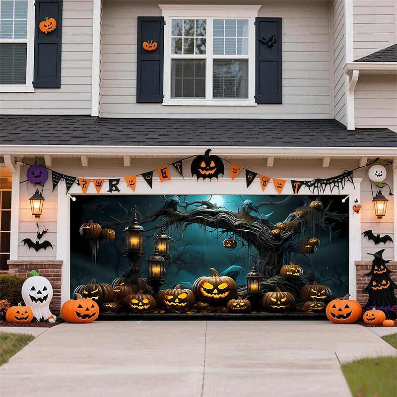 Halloween Tapestry Garage Door Cover Large Hanging Backdrop Pumpkin Tree Dark Punk Gothic Style Party Outdoor Shooting Backgrounds Yard Haunted House Home Decor3
