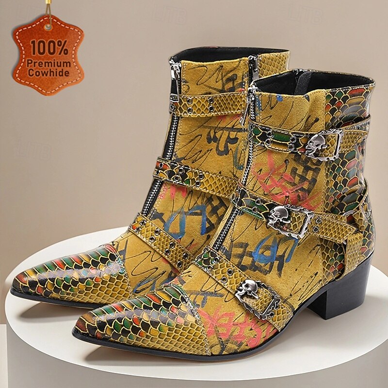 Men's Bold Snake Print Leather Boots – Yellow Multicolor Genuine Cowhide with Triple Buckle Straps, Pointed Toe for Stage Shows, Festivals and Party Outfits
