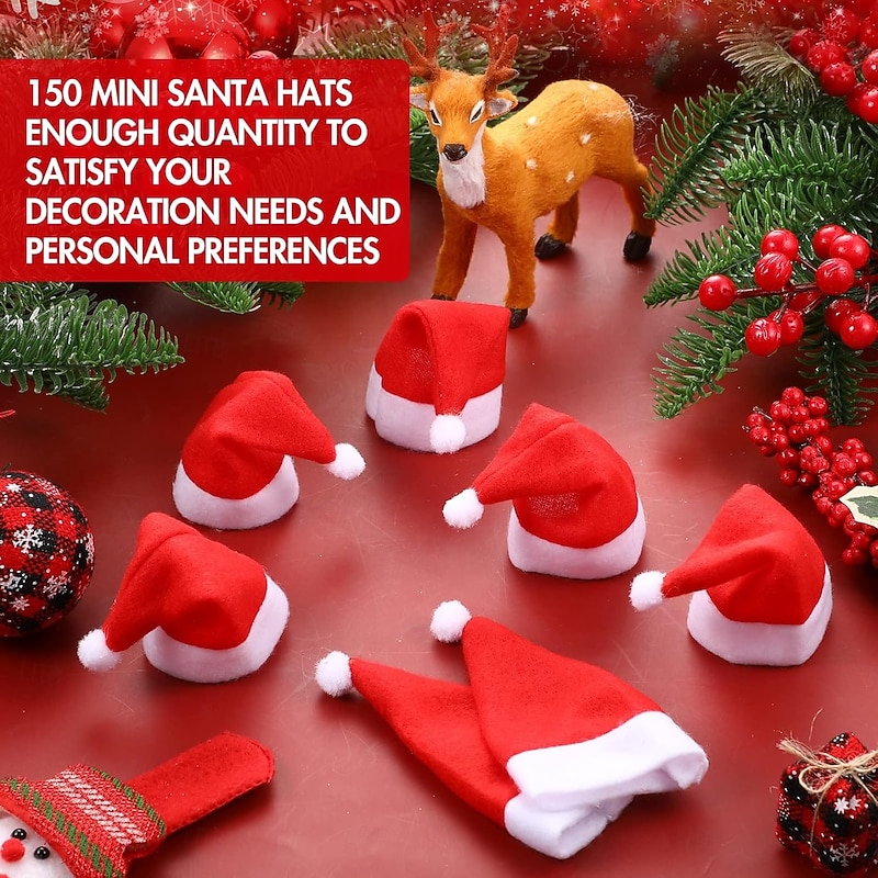 50 Pieces Christmas Mini Santa Hats for Crafts Small Santa Hats Mini Wine Bottle Holder White and Red Santa Hat Christmas Lollipops Cover Cap for Xmas Tree Party Table Doll Dinnerware Decoration3