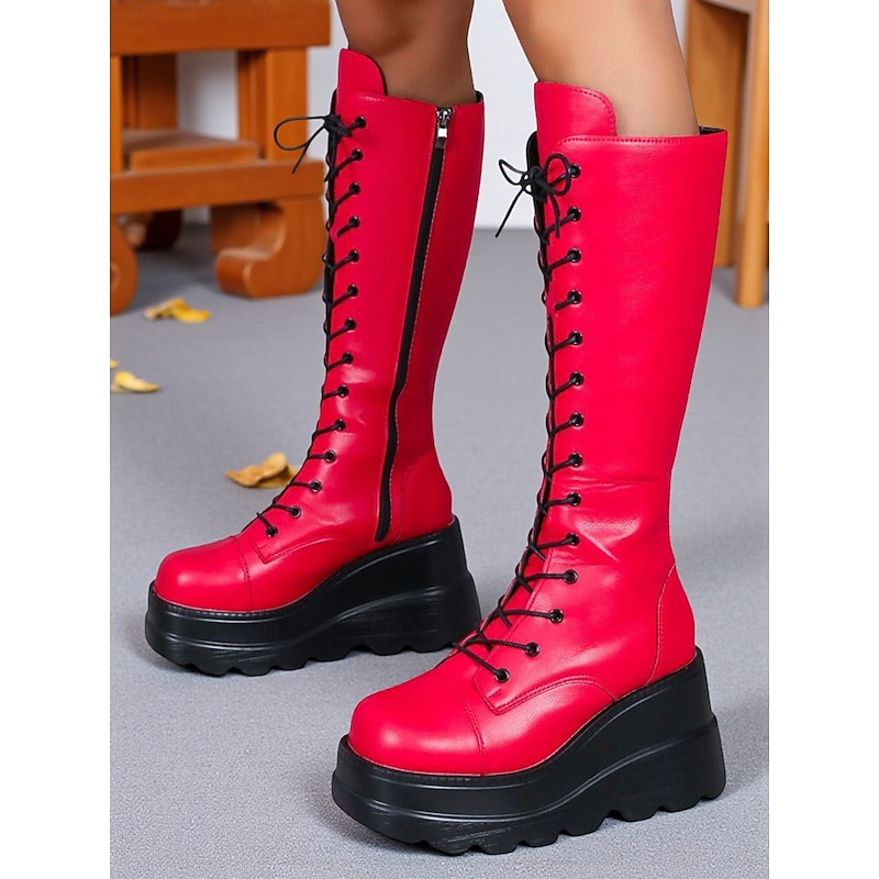 Women's Red Platform Knee High Lace-Up Boots with Chunky Soles - Bold Nightlife Party and Clubwear Shoes3