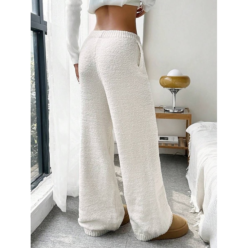 Women's Culottes Wide Leg Fleece Pants Chinos Vacation Streetwear Casual Full Length Medium Waist Plain Pocket Elastic Waist Thermal Warm Comfortable Micro-elastic Outdoor Vacation Daily Black White2