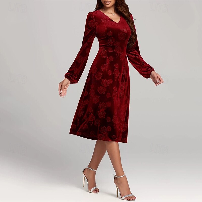Women's Midi Dress Velvet Dress Cocktail Dress Elegant Fashion Modern Outdoor Party Party Evening Wear Regular Fit Floral Plain Long Sleeve V Neck Red Purple Green Spring Autumn4