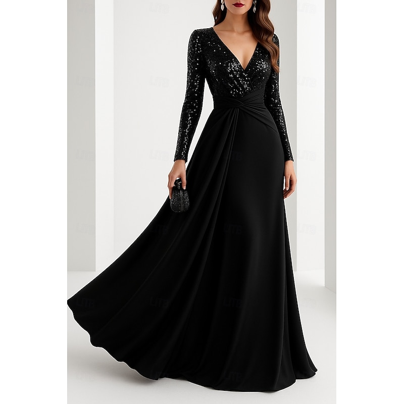 Black Tie A-Line Evening Gown Elegant Formal Dress Formal Wedding Floor Length Long Sleeve V Neck Sequined with Glitter Pleats 2025