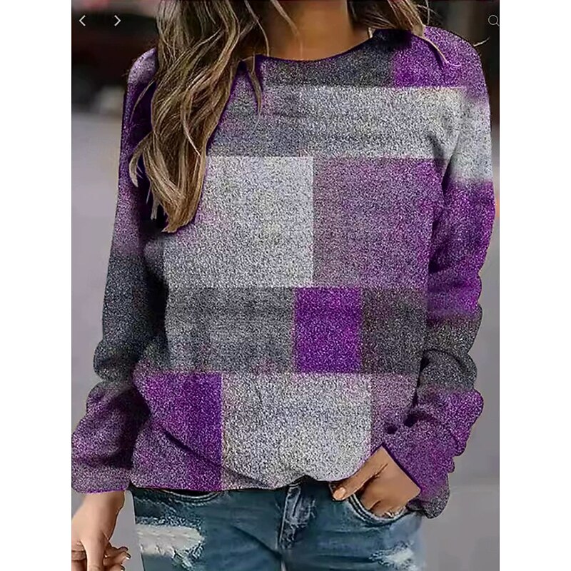 Women's Pullover Sweatshirt Graphic Geometric Plaid Fashion Casual Long Sleeve Round Neck Regular Tops Street Dailywear Casual Print Purple Brown Green Fall Winter3