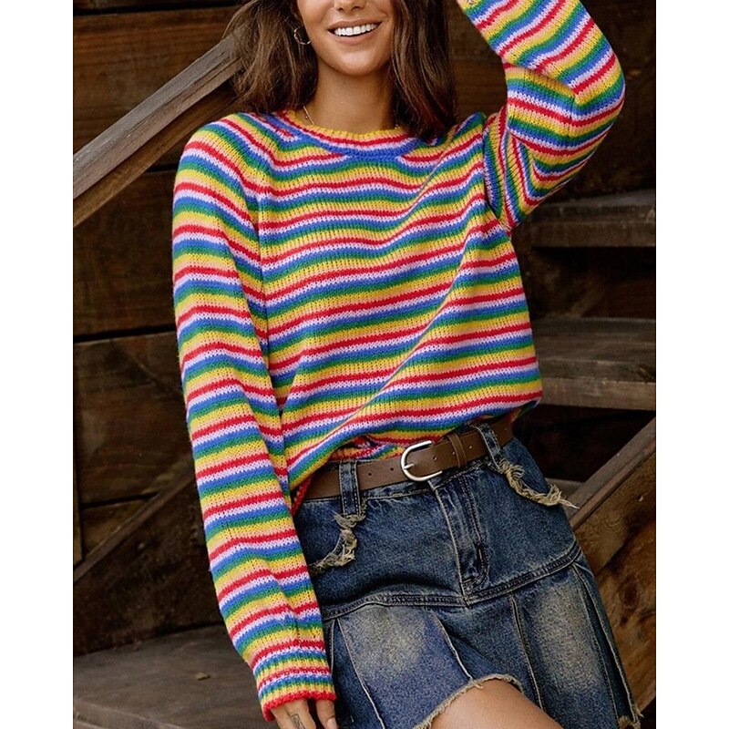 Women's Sweater Fair Isle Sweater Pullover Fashion Casual Striped Ribbed Crew Neck Knitted Long Sleeve Regular Tops Knit Outdoor Daily Weekend Blue Fall Winter3