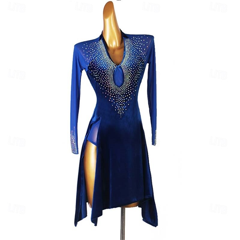 Women's Performance Long Sleeve Velvet Tassels Latin Salsa Dance Dress Competition Dress4