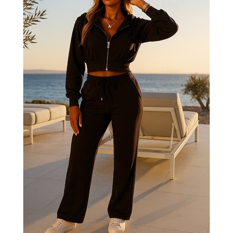 Women's 2 Piece Outfits Lounge Sweatsuit Zip Up Solid Colored Clothing Suit Fall Black Wine Vocation Outdoor Travel Lightweight Fashion Long Sleeve Sport Activewear Micro-elastic Regular Fit3