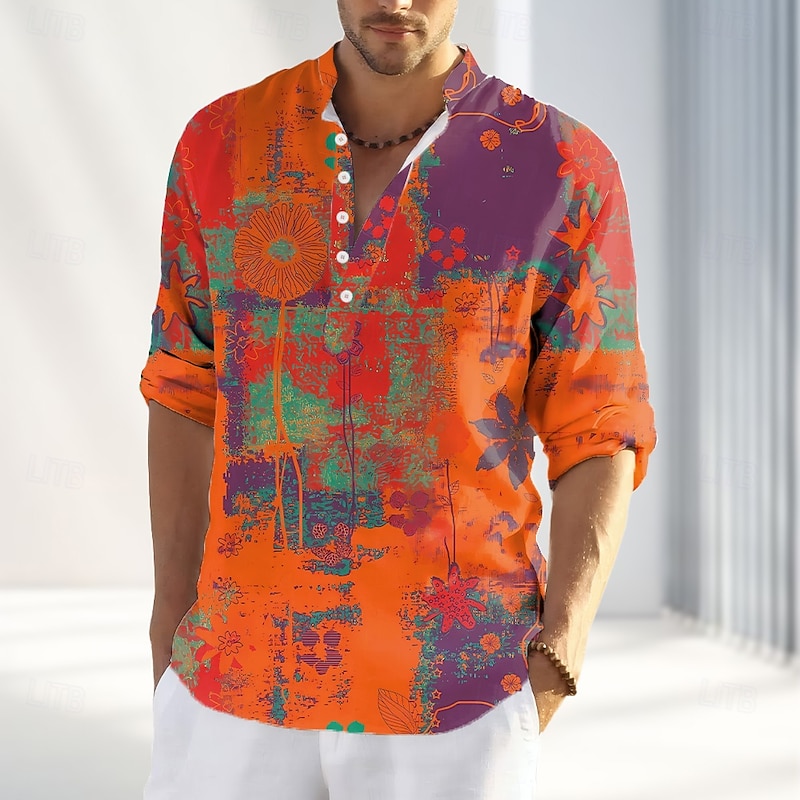 Men's Print T Shirt Henley Shirt Long Sleeve Designer Retro Vintage Casual Street Casual Daily Summer Spring Fall Yellow Orange Henley Henley T-Shirt2