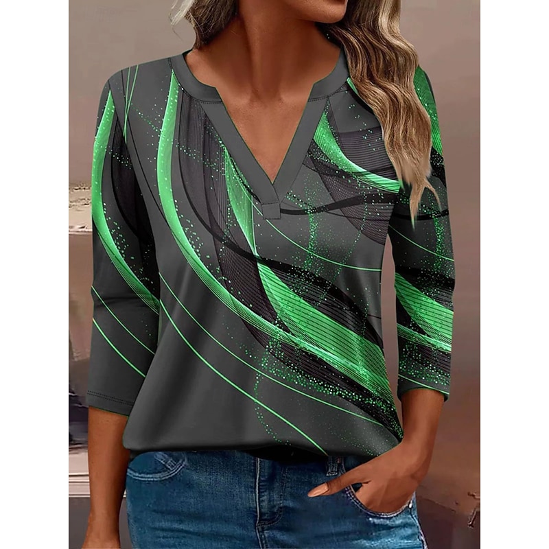 Women's T Shirt Graphic Geometric Abstract Vintage Stylish Classic Long Sleeve V Neck Notched Neck Regular Tops Daily Print Blue Purple Gold Green Spring Fall Winter4