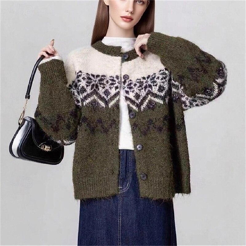 Women's Sweater Cardigan Fair Isle Sweater Vintage Fashion Casual Snowflakes Ribbed Crew Neck Buttons Knitted Print Long Sleeve Regular Tops Knit Christmas Outdoor Daily Army Green Fall Winter4