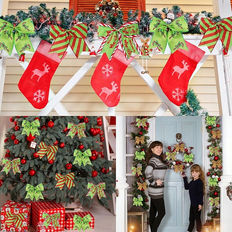 12 Pcs Christmas Bows Ornaments,6 Inch Large Wreaths Red Green Bows Ribbon for Tree Gift Wrapping Garland,Christmas Decoration Holiday Party Crafts Xmas Tree4