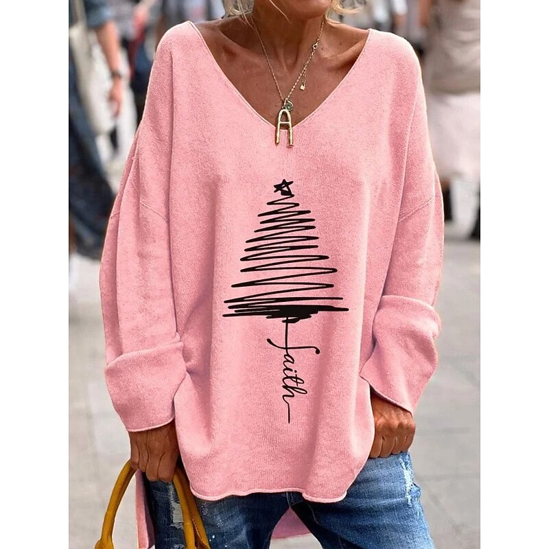 Christmas Women's T Shirt Graphic Christmas Tree Elegant Vintage Fashion Long Sleeve V Neck Regular Tops Daily Weekend Print Pink Red Green Khaki Spring Fall Winter3