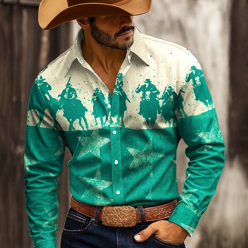 Men's Stars Cowboy Riding Horse Shirt Western Shirt Button Up Shirt Long Sleeve Vintage Retro Outdoor Casual WorkWear Spring Fall Turndown 3D Print Collared Shirts Yellow Blue Orange Apricot