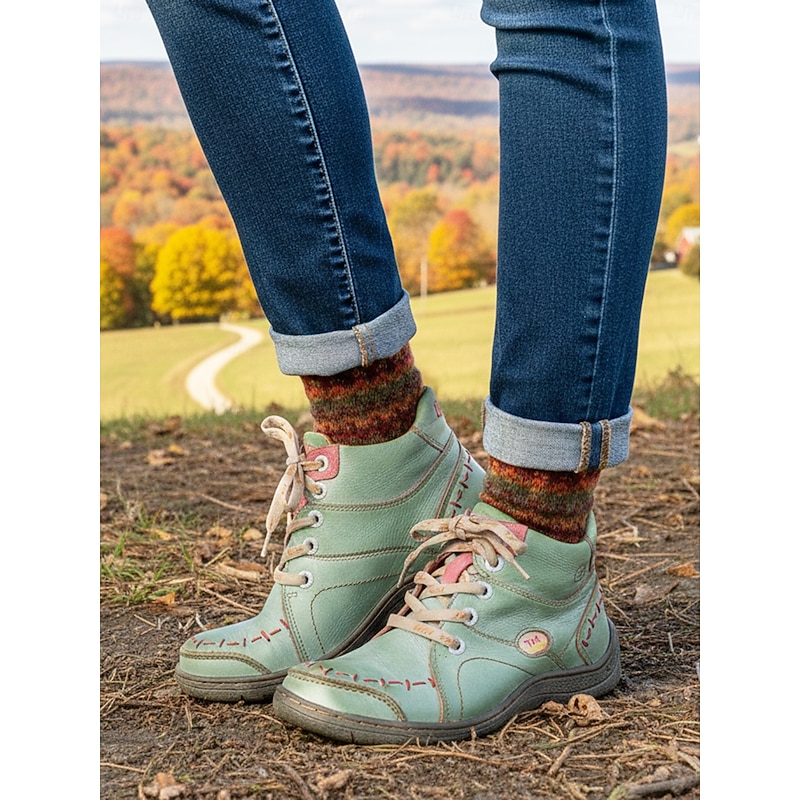 Women's Genuine Leather Green Lace Up Ankle Boots – Rustic Farm Style Short Boots for Autumn Harvest, Outdoor Walking and Casual Wear