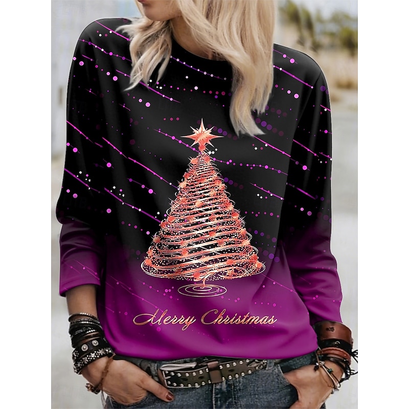 Christmas Women's T Shirt Graphic Christmas Tree Vintage Fashion Stylish Long Sleeve Crew Neck Regular Tops Daily Weekend Print Red Blue Purple Green Spring Fall Winter3