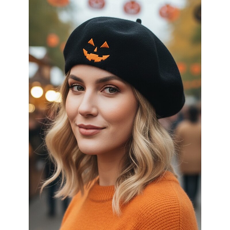 Women's Halloween Pumpkin Beret Hat – Vintage Wool Blend French Style Cap for Costume Party, Cosplay and Autumn Outfits2