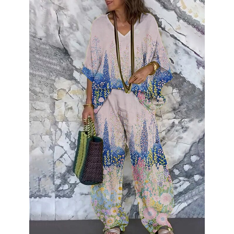 Women's Vacation Fashion Pants Sets 3/4 Length Sleeve V Neck Floral Print Vacation Daily Holiday Pink Summer Regular Fit