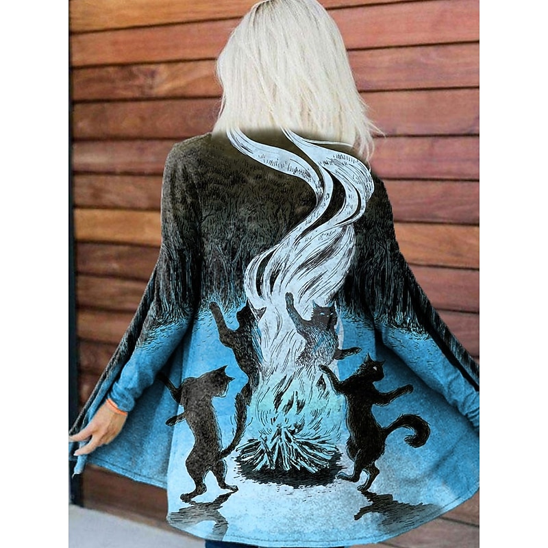 Women's Coat Lightweight Comfortable Print Vintage Artistic Casual Halloween Cat Casual Long Collarless Loose Fit Long Sleeve Outerwear Blue Purple Orange Spring Fall2