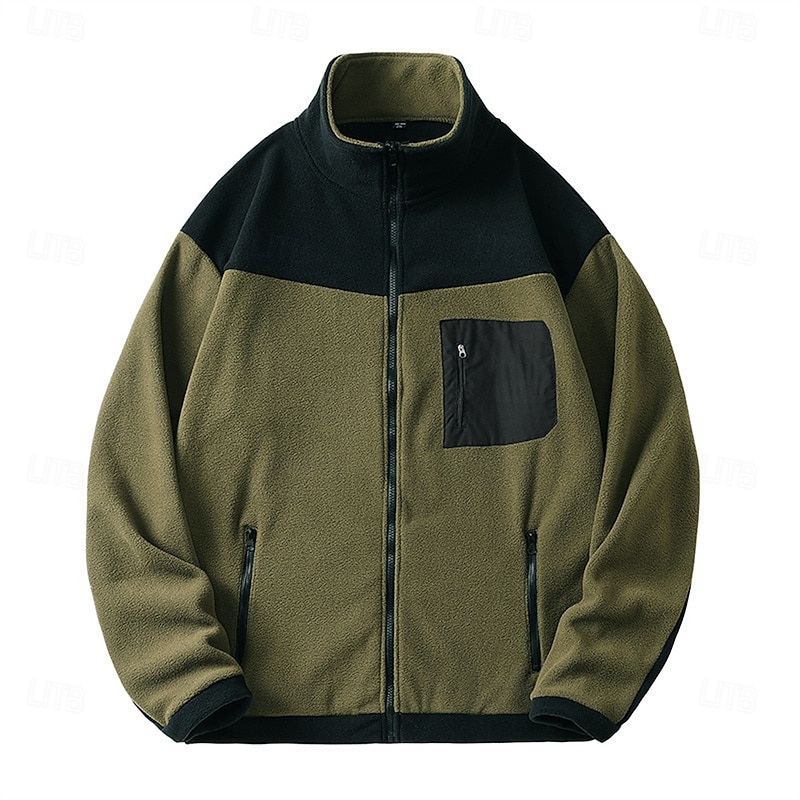 Men's Sweatshirt Fleece Sweatshirt Full Zip Sweatshirt White Army Green Standing Collar Color Block Patchwork Zipper Sports & Outdoor Daily Holiday Polyester Streetwear Basic Casual Fall Winter2