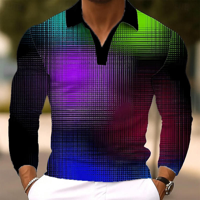 Men's Geometic Polo Long Sleeve Polo Shirts Lapel Casual Outdoor Street Athleisure Daily Wear 3D Print Buttons Spring Fall Winter Yellow Purple Green3
