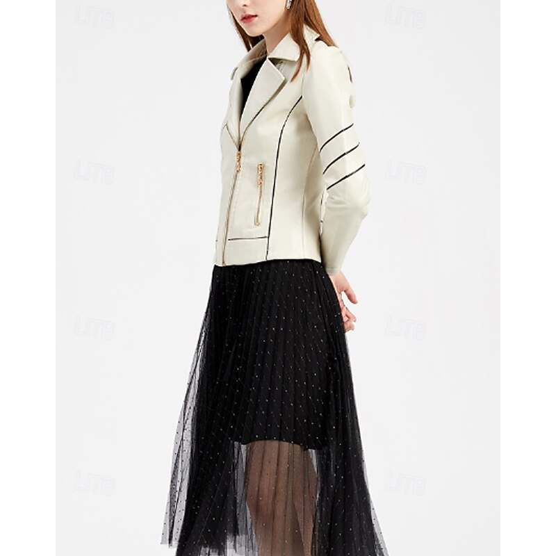 Women's Faux Leather Jacket Comfortable Zipper Pocket Casual Color Block Vacation Going out Weekend Regular Turndown Regular Fit Long Sleeve Outerwear Black Red Green Spring Fall2