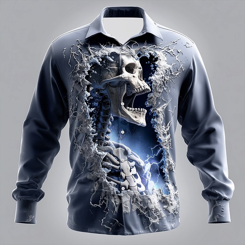 Halloween Men's Skull Skeleton Cracked Wall Shirt Button Up Shirt Long Sleeve Dark Gothic Style Holiday Streetwear Spring Fall Turndown 3D Print Collared Shirts Blue