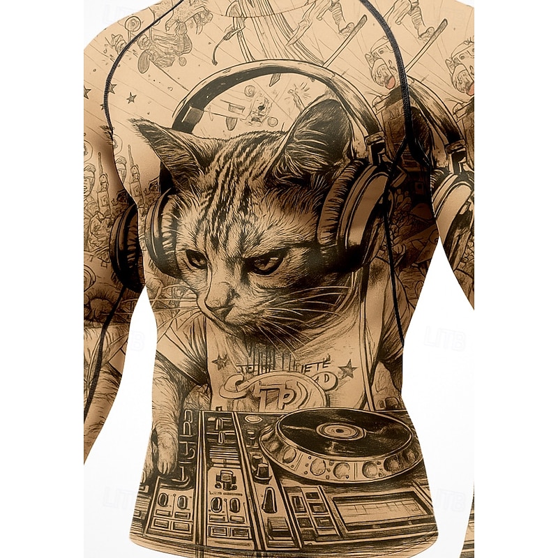 Men's Compression Shirt Running Shirt 3D Print Long Sleeve Base Layer Cat Quick Dry Compression Power Flex Moisture Wicking Gym Workout Active Training Exercise Sportswear Activewear Khaki3