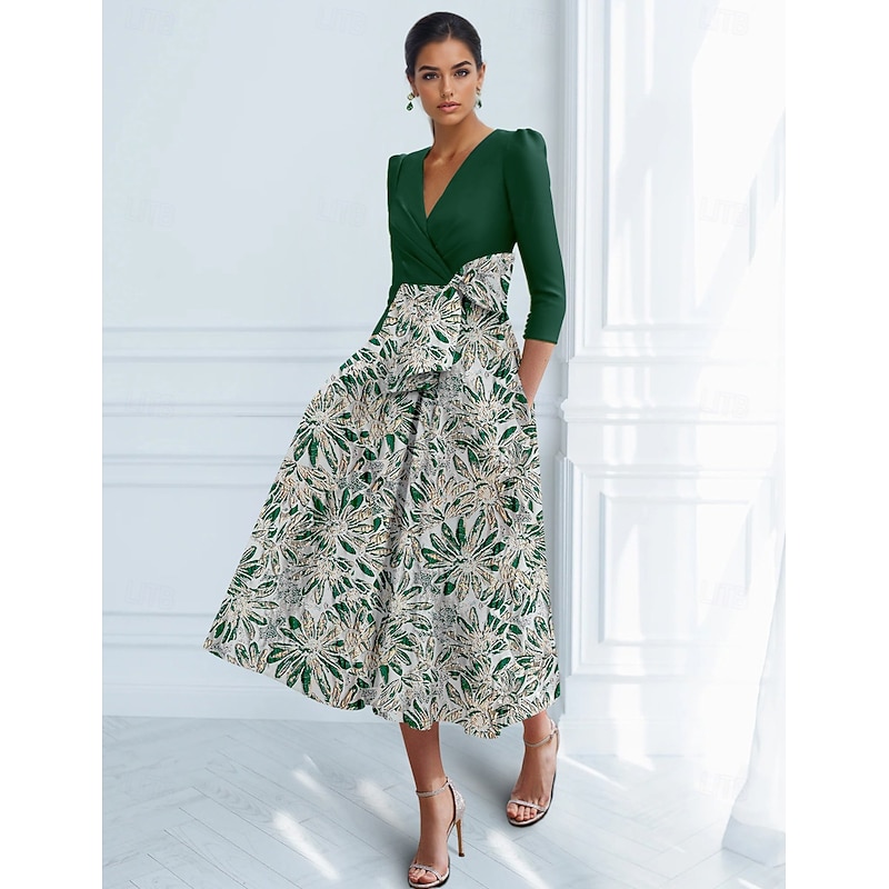 Floral Jacquard A-Line Cocktail Dresses Elegant Dress Formal Wedding Tea Length Midi Length  3/4 Length Sleeve V Neck Stretch Crepe with Bow(s) Pleats Pocket