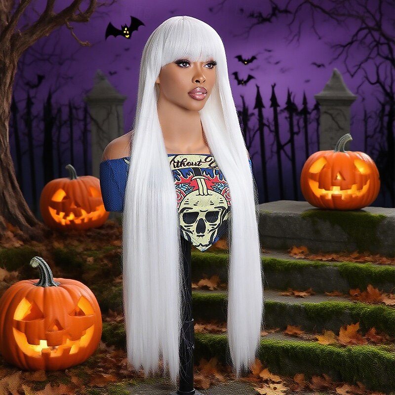 Synthetic Wig Straight Natural Straight Middle Part Neat Bang Wig Very Long White Synthetic Hair 36 inch Women's Soft Comfy White3