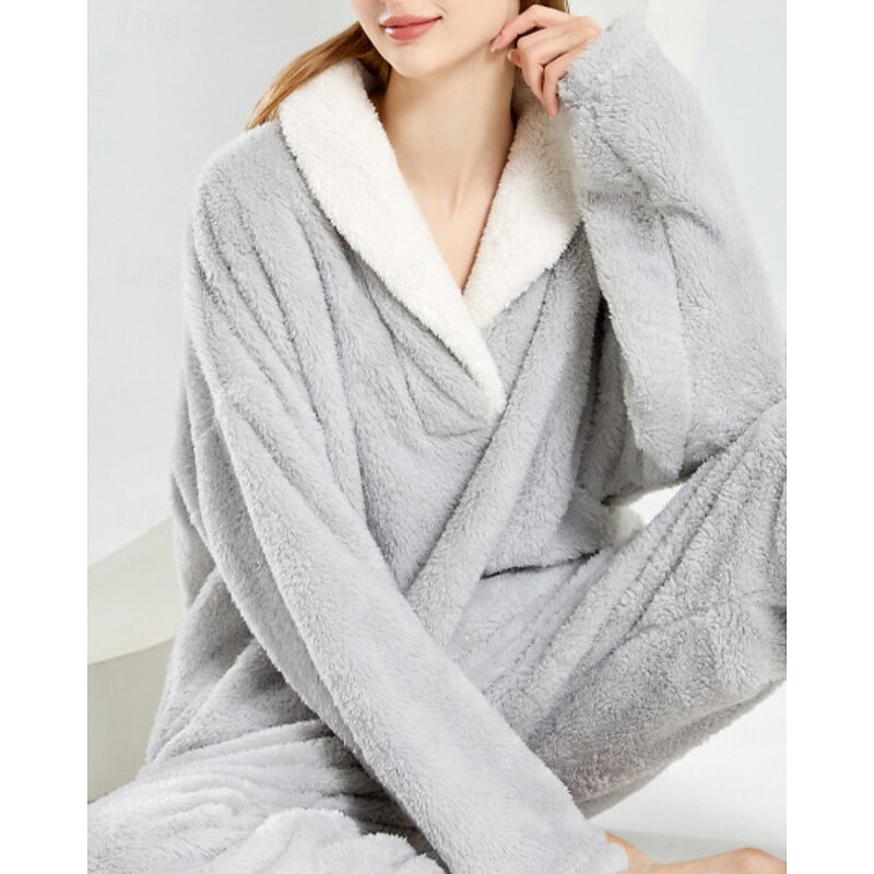 Women's Loungewear Pajama Set Casual Pure Color Elastic Waist Pullover Pant Vacation Home Long Sleeve V Neck Black Wine Purple Rose Red Beige Winter Loose Fit4