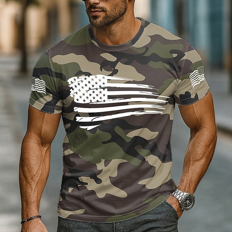 Men's Camo Camouflage American US Flag T Shirt Short Sleeve T shirt 3D Print Crew Neck Shirt Daily Military Street Daily Hunting Blue Green Gray Summer Spring Clothing Apparel S M L XL XXL XXXL