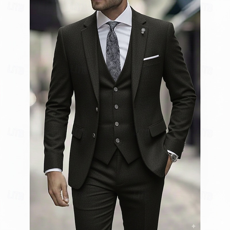 Men's Business Casual Tweed Suits Notch Lapel Black Light Grey Daily Formal Solid Colored Tailored Fit 3 Piece Single Breasted Two-buttons4