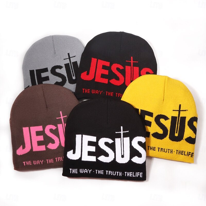 Men's Unisex Beanie Hat Winter Hats Beanies Skull Cap Knit Hat Black Grey Yellow Acrylic Fibers Jacquard Knitted Cozy Halloween Daily Wear Festival Letter Cross Jesus Warm