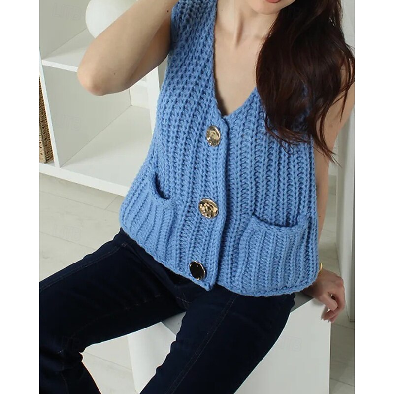 Women's Sweater Sweater Vest Cardigan Streetwear Casual Solid Color V Neck Buttons Knitted Sleeveless Regular Tops Knit Daily Holiday Going out Yellow Pink Fall Winter2