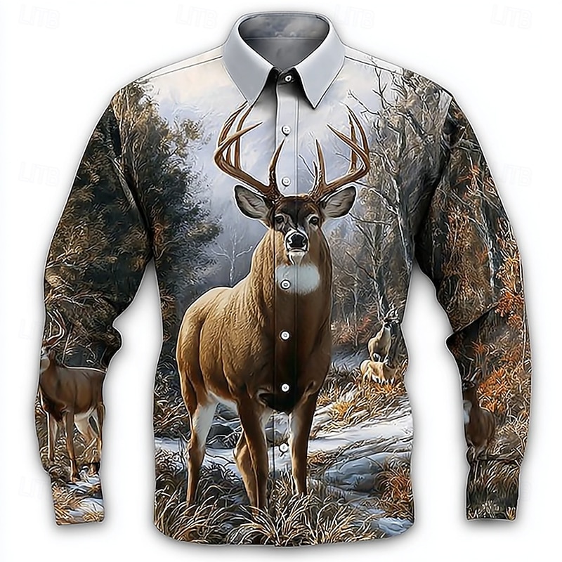Men's Reindeer Nature & Landscapes Forest Shirt Button Up Shirt Long Sleeve Vintage Retro Outdoor Camping & Hiking Hunting Spring Fall Turndown 3D Print Collared Shirts Blue 2# Blue 1# Blue