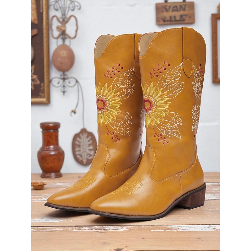Women's Cowboy Boots – Western Embroidered Sunflower Faux Leather Chunky Heel Boots for Casual Wear, Festivals and Parties2